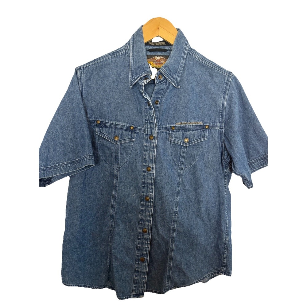 Harley Davidson Women's L Button Up Denim Motorcycle Shirt Short Sleeve